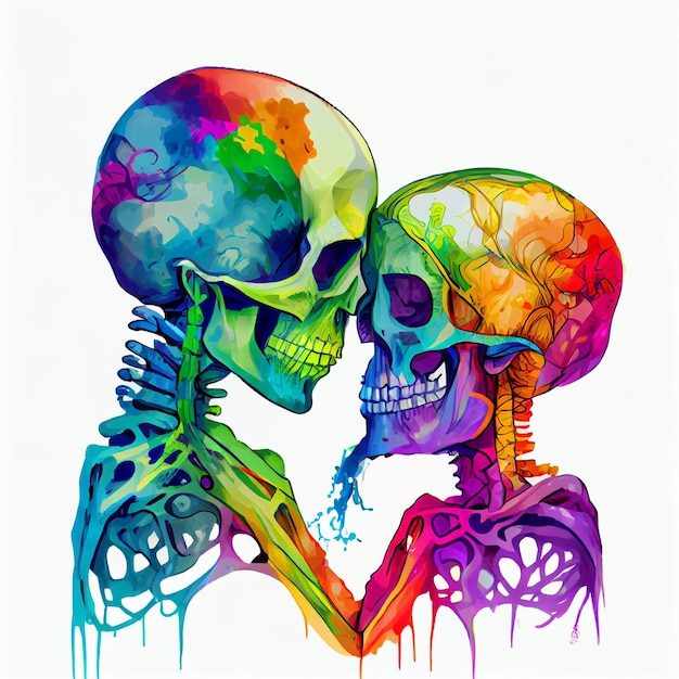 A colorful illustration of couple skulls kissing