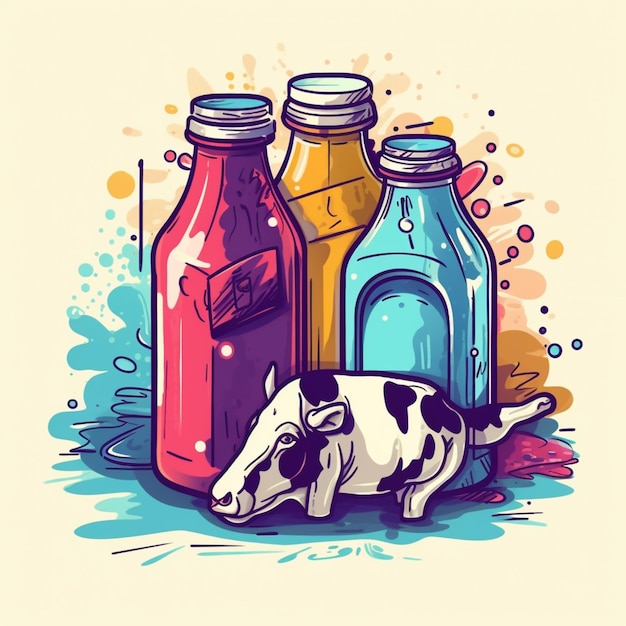 A colorful illustration of a cow and two bottles of juice.