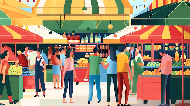 A colorful illustration of a crowded marketplace with people shopping under striped canopies