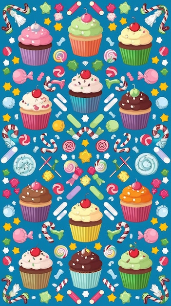 Photo a colorful illustration of cupcakes and candy on a blue background