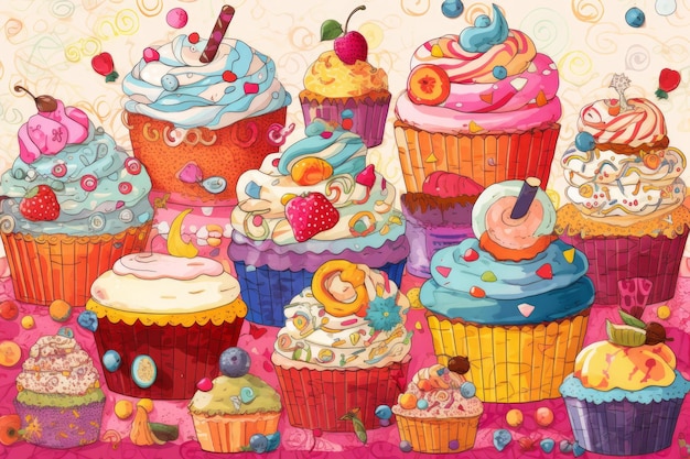 A colorful illustration of cupcakes with blueberries and cherries on top.