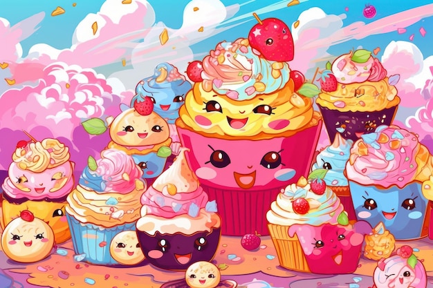 A colorful illustration of cupcakes with a face and a strawberry on top.