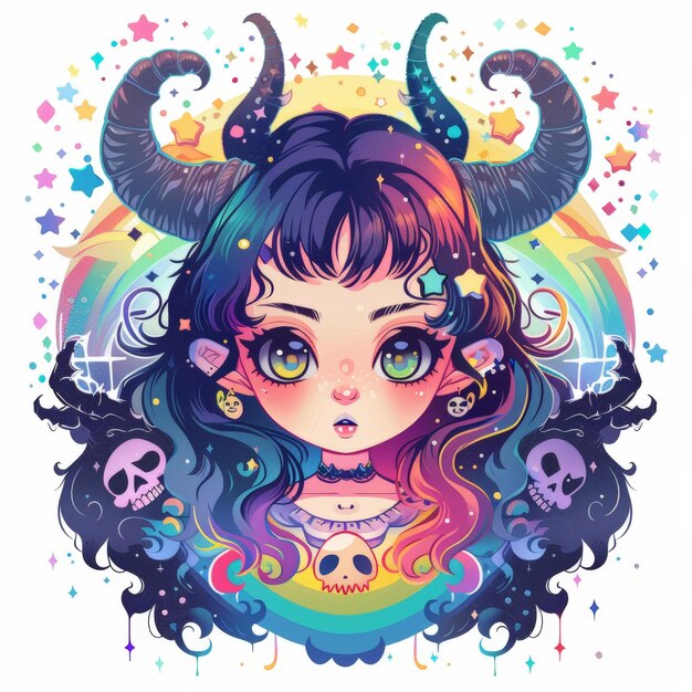 A colorful illustration of a cute anime character with horns surrounded by skulls stars and a rainbow