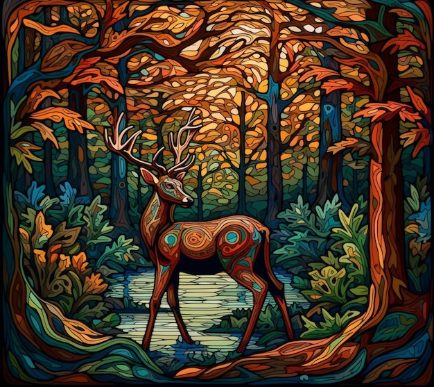 A colorful illustration of a deer in a forest with a pond in the background.