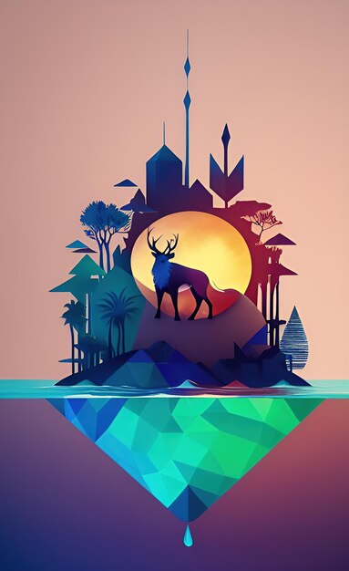 A colorful illustration of a deer on a hill with a city in the background.