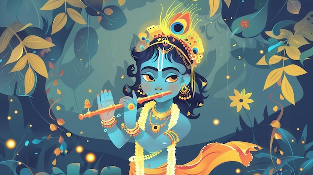 a colorful illustration of deity with a trumpet in her hand