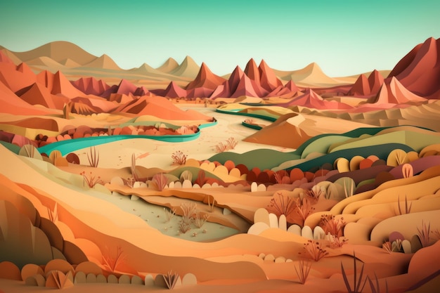 A colorful illustration of a desert landscape with mountains and a river.