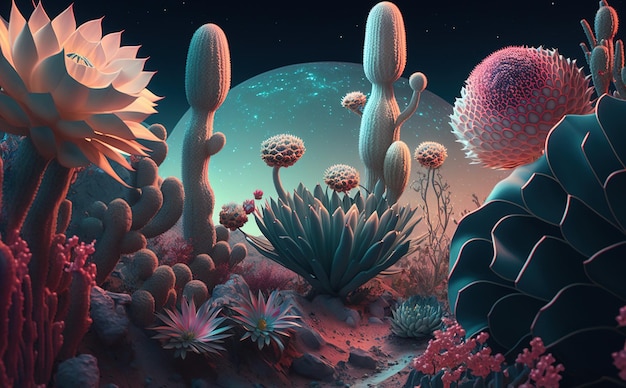 A colorful illustration of a desert scene with cactus and a moon.