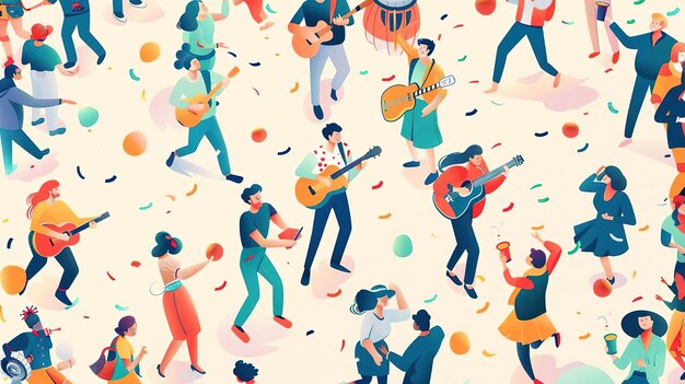 Photo a colorful illustration of a diverse group of people dancing and playing music at a party