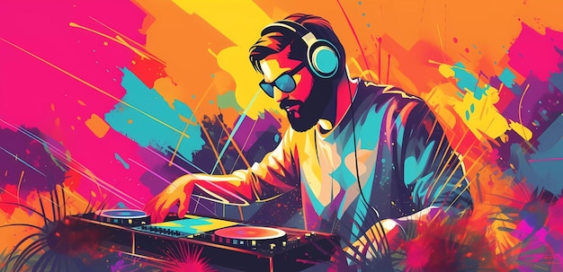 A colorful illustration of a dj with a dj wearing headphones.