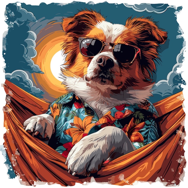 A colorful illustration of a dog wearing sunglasses and a Hawaiian shirt lounging in a hammock unde