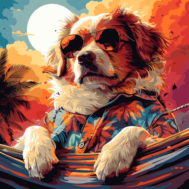 A colorful illustration of a dog wearing sunglasses and a Hawaiian shirt lounging in a hammock unde