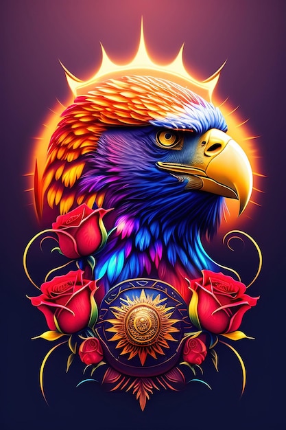 A colorful illustration of an eagle bird with a rose flower