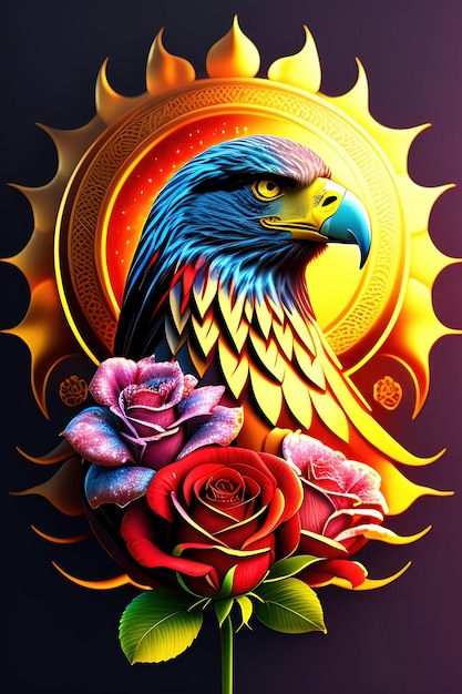 A colorful illustration of an eagle bird with rose flowers