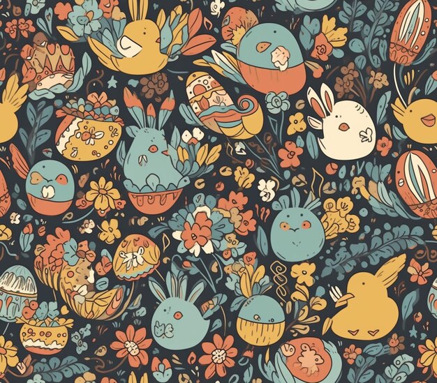 A colorful illustration of easter eggs and bunnies.