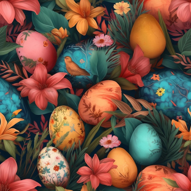 A colorful illustration of easter eggs and flowers.