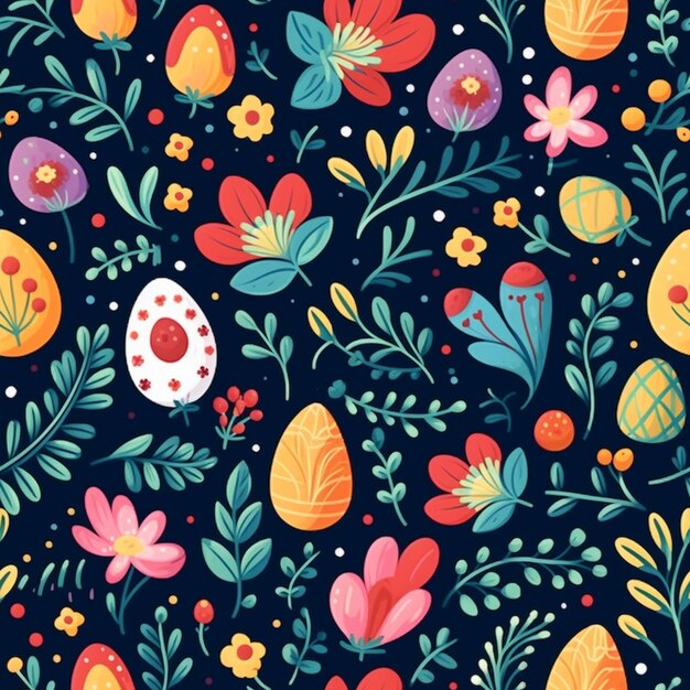 A colorful illustration of easter eggs and flowers.