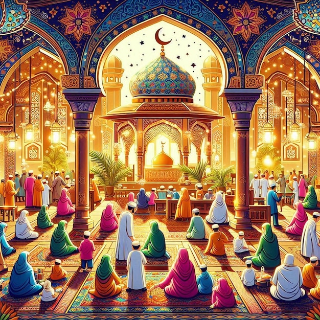 A colorful illustration of Eid AlAdha celebrations with a bustling market full of festive decoration