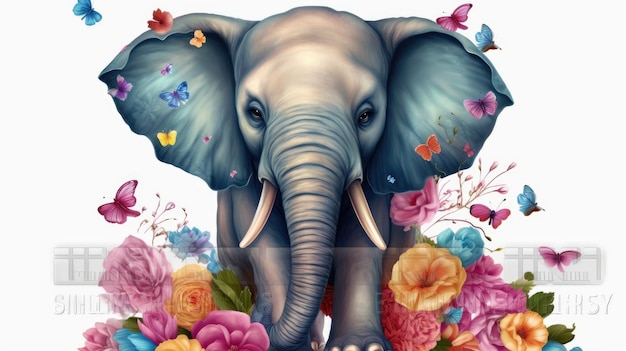 A colorful illustration of an elephant with flowers and butterflies.