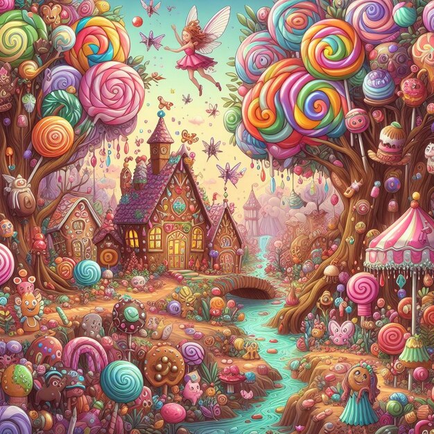 a colorful illustration of a fairy house with a fairy house on the top