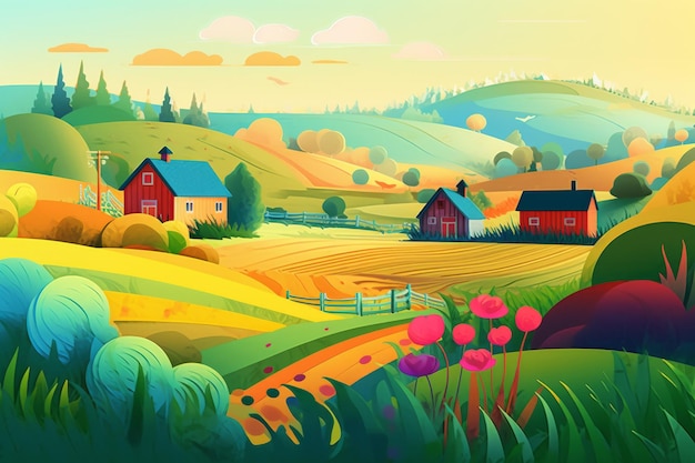 A colorful illustration of a farm with a farm and a house in the distance.