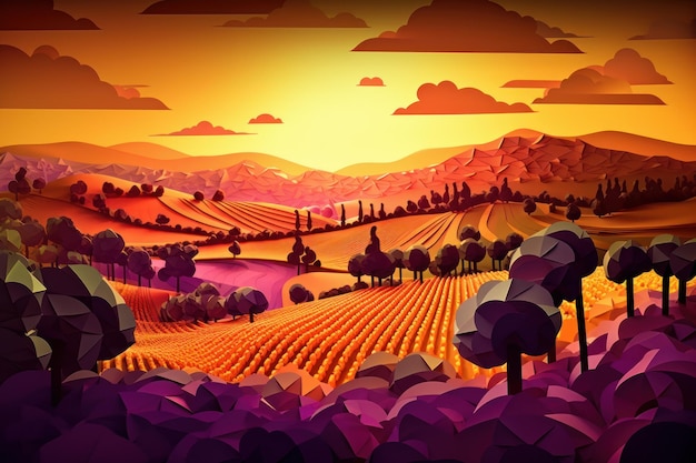 A colorful illustration of a farm with purple fields and trees.