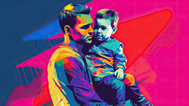 A colorful illustration of a father holding his son.