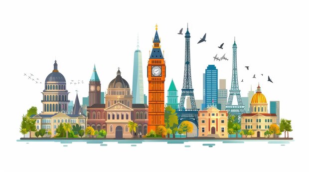 Photo colorful illustration featuring famous world landmarks from various cities showcasing cultural diversity and architectural beauty