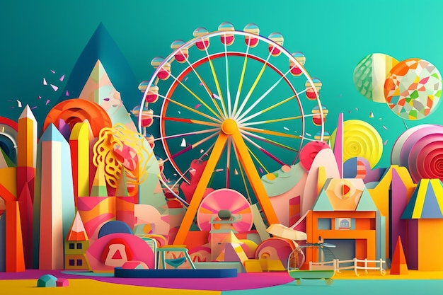 A colorful illustration of a ferris wheel and a ferris wheel.