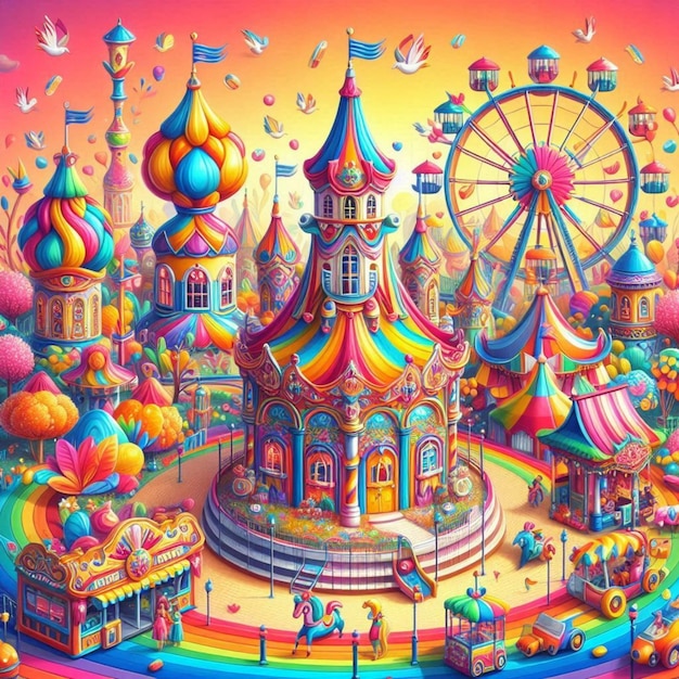 a colorful illustration of a ferris wheel with a ferris wheel in the background