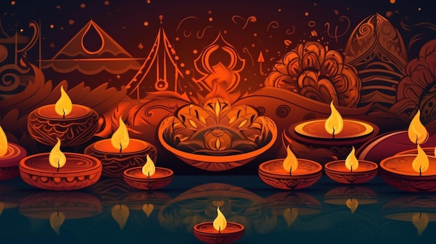 A colorful illustration of a festival with candles and the words diwali on the bottom.