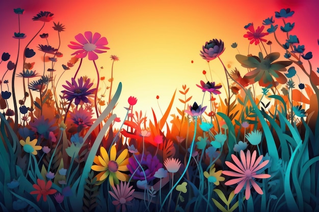 A colorful illustration of a field of flowers with the sun shining on it.