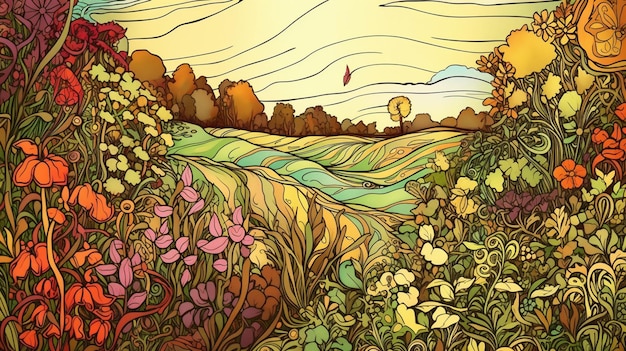 A colorful illustration of a field with flowers and a bird flying in the sky.