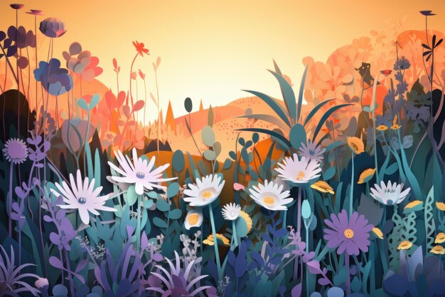 A colorful illustration of a field with flowers and a sunburst.