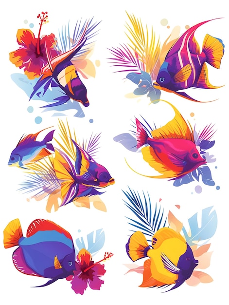 Photo a colorful illustration of fish and palm trees