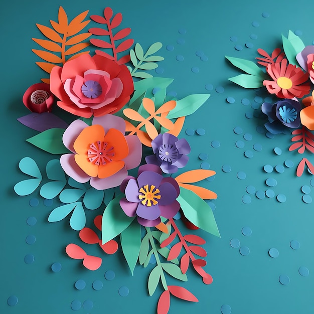 A colorful illustration of a flower field paper cut art