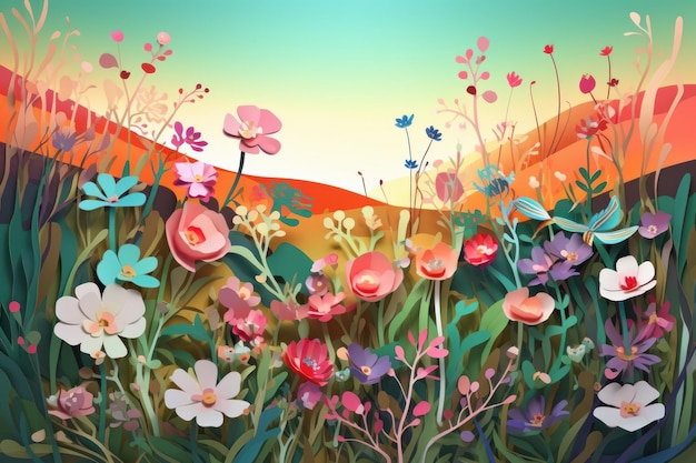 A colorful illustration of flowers in a field.