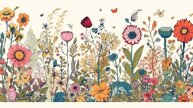 A colorful illustration of flowers with a butterfly on the bottom.