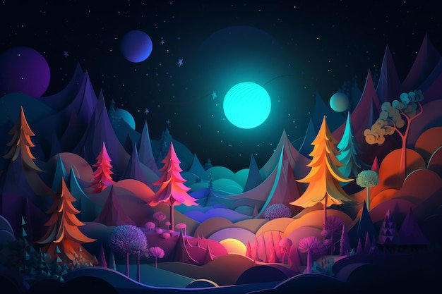 A colorful illustration of a forest with a full moon in the background.