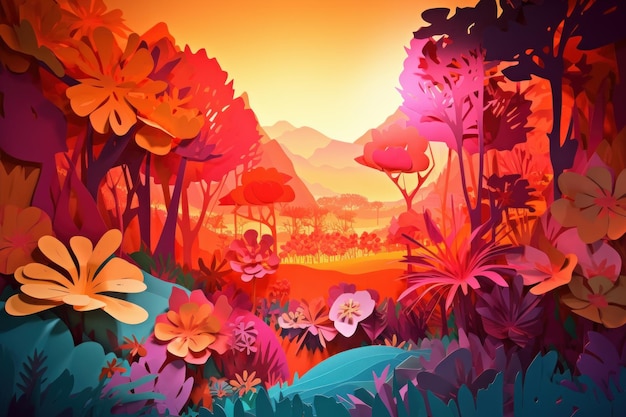 A colorful illustration of a forest with a mountain in the background.