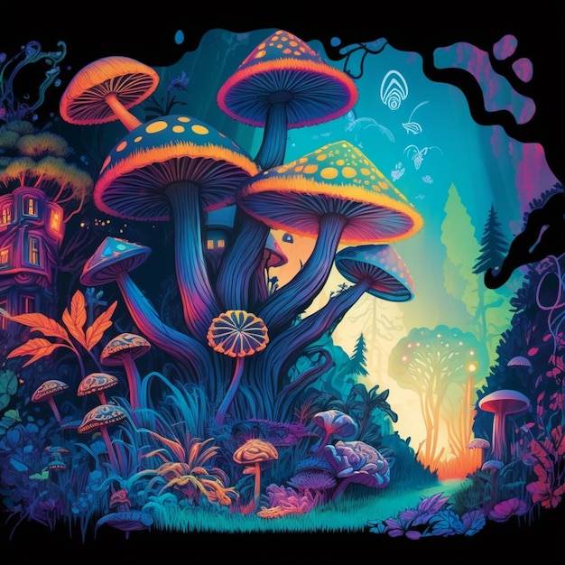 A colorful illustration of a forest with a mushroom and a house on the left.