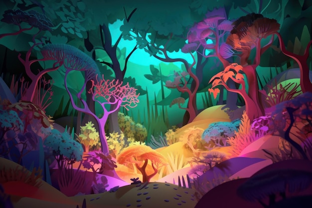 A colorful illustration of a forest with a tree in the middle.