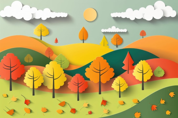 a colorful illustration of a forest with trees and clouds