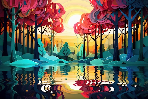 A colorful illustration of a forest with trees and the sun reflecting on the water.