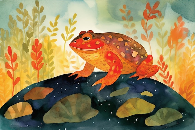 A colorful illustration of a frog on a rock.