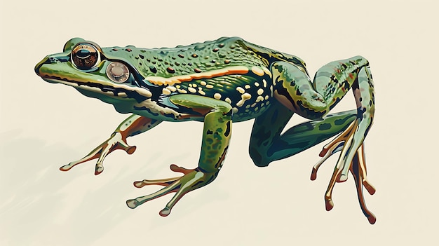 A colorful illustration of a frog with green and brown skin on a light beige background