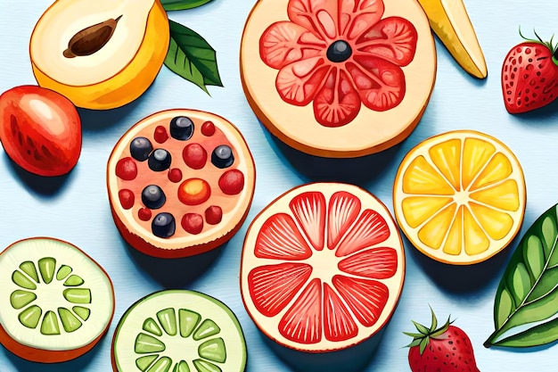 A colorful illustration of fruit with the word fruit on it