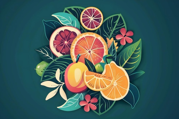 a colorful illustration of fruits and leaves with a picture of a fruit