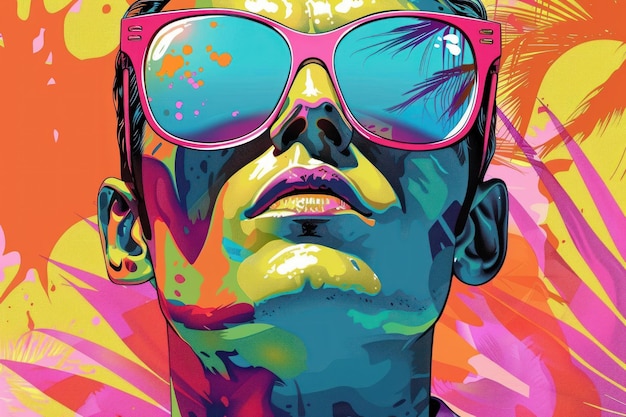 colorful illustration Glamorous man in vibrant background with large sunglasses