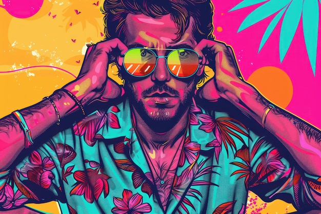 colorful illustration Glamorous man in vibrant background with large sunglasses